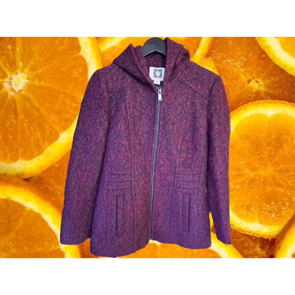 Anne Klein Womens M Burgundy Wool Blend Hooded Zip Up Boucle Jacket Coat